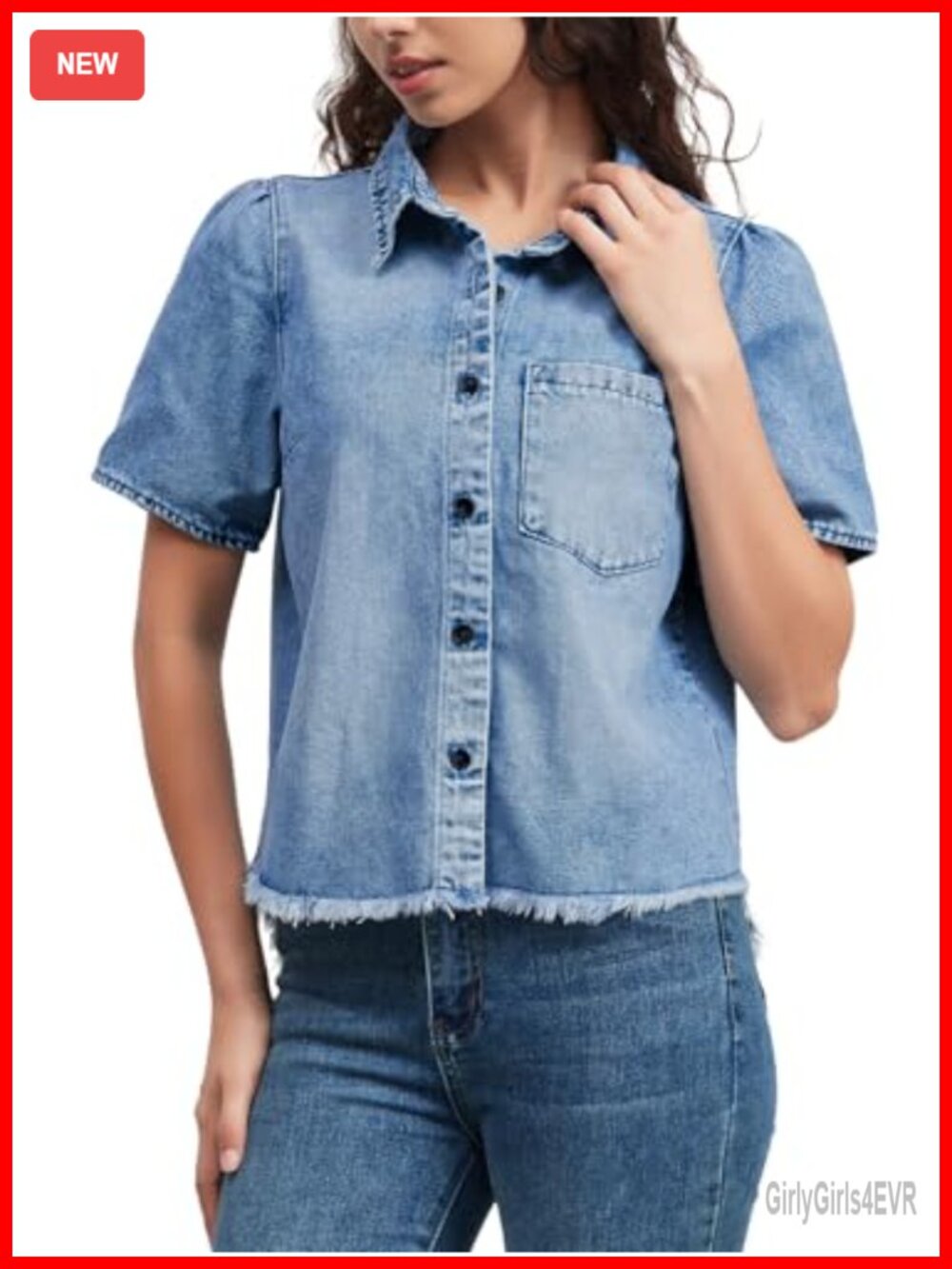 Womens Denim Button Down Shirt Cotton Blend Fringe Hem V-Neck Blouse